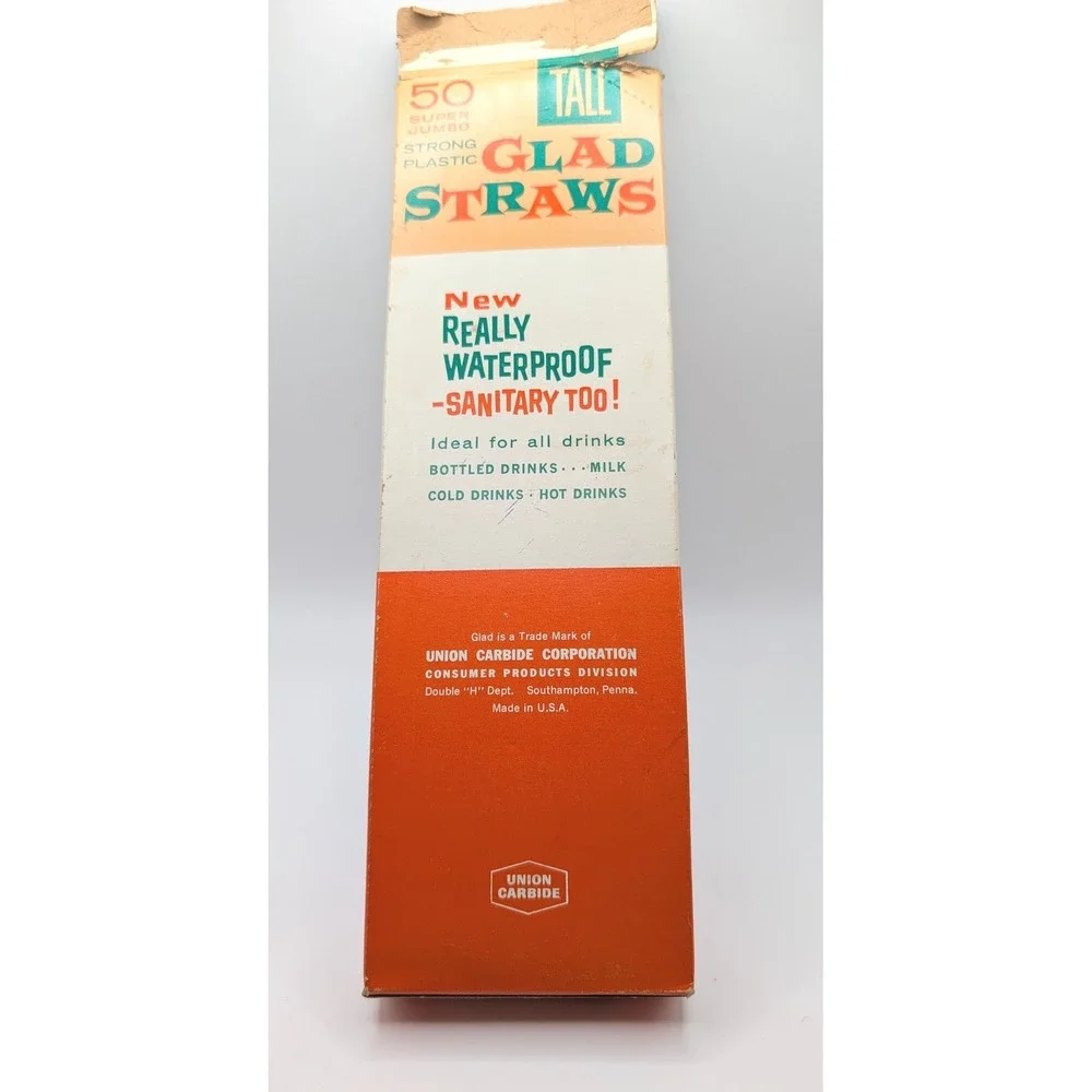 Vintage Glad Straws 50 Super Jumbo Tall Strong Plastic Union Carbide Retro Box